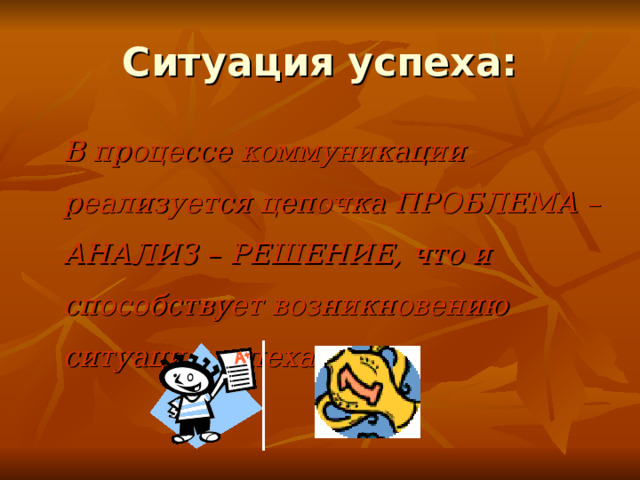 Ситуация успеха:  В процессе коммуникации реализуется цепочка ПРОБЛЕМА – АНАЛИЗ – РЕШЕНИЕ, что и способствует возникновению ситуации успеха. 