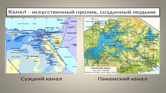 Пролив Узкие водные пространства, разделяющие участки суши и соединяющие соседние моря или океаны Искусственные проливы, созданные людьми, называют каналами –Суэцкий и Панамский 