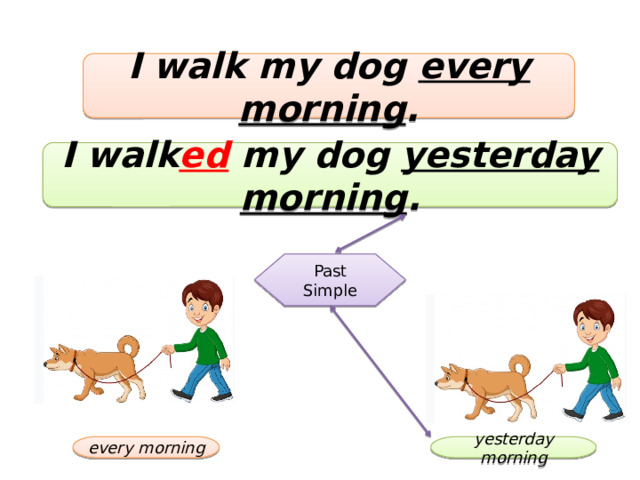 I walk my dog every morning . I walk ed my dog yesterday morning . Past Simple every morning yesterday morning 