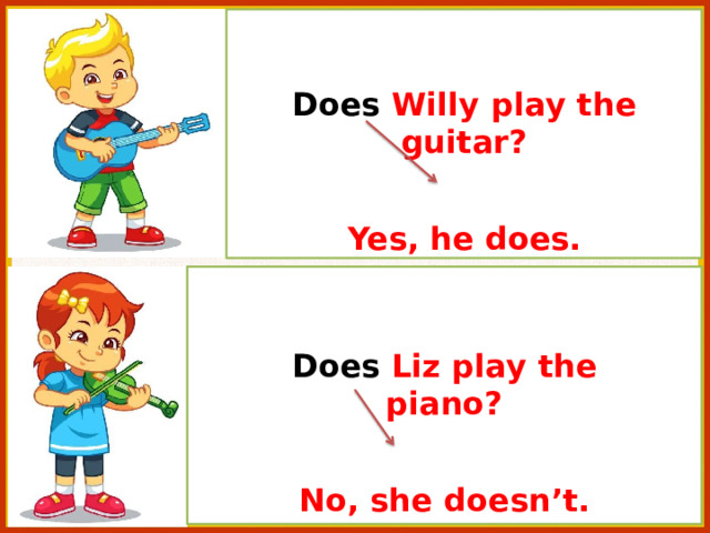 Does Wil l y  p l a y t h e gu i ta r ? Yes ,  he d o es. Does  Li z p l a y  t h e  pia no? N o ,  she  d o esn’t. 