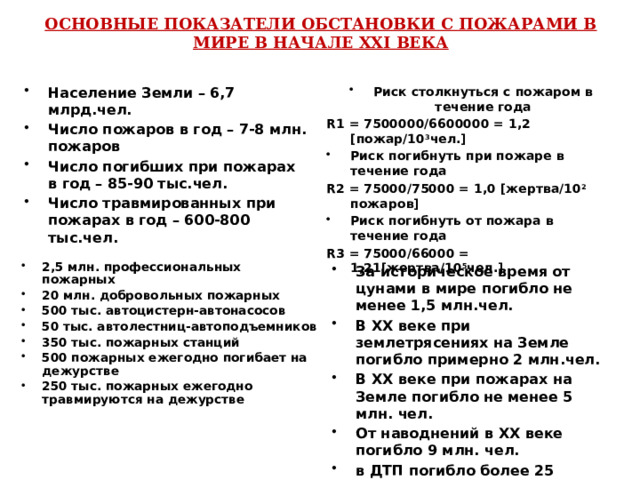 ОСНОВНЫЕ ПОКАЗАТЕЛИ ОБСТАНОВКИ С ПОЖАРАМИ В МИРЕ В НАЧАЛЕ XXI ВЕКА Население Земли – 6,7 млрд.чел. Число пожаров в год – 7-8 млн. пожаров Число погибших при пожарах в год – 85-90 тыс.чел. Число травмированных при пожарах в год – 600-800 тыс.чел. Риск столкнуться с пожаром в течение года R1 = 7500000/6600000 = 1,2 [пожар/10 3 чел.] Риск погибнуть при пожаре в течение года R2 = 75000/75000 = 1,0 [жертва/10 2 пожаров] Риск погибнуть от пожара в течение года R3 = 75000/66000 = 1,21[жертва/10 5 чел.]  2,5 млн. профессиональных пожарных 20 млн. добровольных пожарных 500 тыс. автоцистерн-автонасосов 50 тыс. автолестниц-автоподъемников 350 тыс. пожарных станций 500 пожарных ежегодно погибает на дежурстве 250 тыс. пожарных ежегодно травмируются на дежурстве За историческое время от цунами в мире погибло не менее 1,5 млн.чел. В XX веке при землетрясениях на Земле погибло примерно 2 млн.чел. В XX веке при пожарах на Земле погибло не менее 5 млн. чел. От наводнений в XX веке погибло 9 млн. чел. в ДТП погибло более 25 млн.чел.  