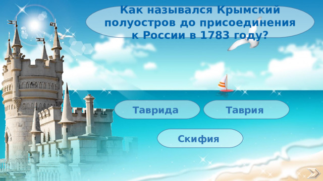 Как назывался Крымский полуостров до присоединения к России в 1783 году? Таврия Таврида Скифия 