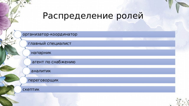 Распределение ролей организатор-координатор главный специалист напарник агент по снабжению аналитик переговорщик скептик 