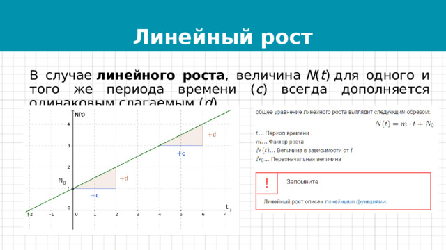 Линейный рост В случае  линейного роста , величина  N ( t ) для одного и того же периода времени ( c ) всегда дополняется одинаковым слагаемым ( d ). 