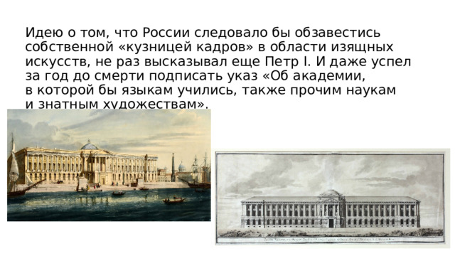 Идею о том, что России следовало бы обзавестись собственной «кузницей кадров» в области изящных искусств, не раз высказывал еще Петр I. И даже успел за год до смерти подписать указ «Об академии, в которой бы языкам учились, также прочим наукам и знатным художествам».  
