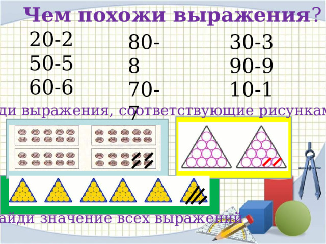 Чем похожи выражения ? 20-2 50-5 60-6 30-3 80-8 70-7 90-9 40-4 10-1 Найди выражения, соответствующие рисункам Найди значение всех выражений 