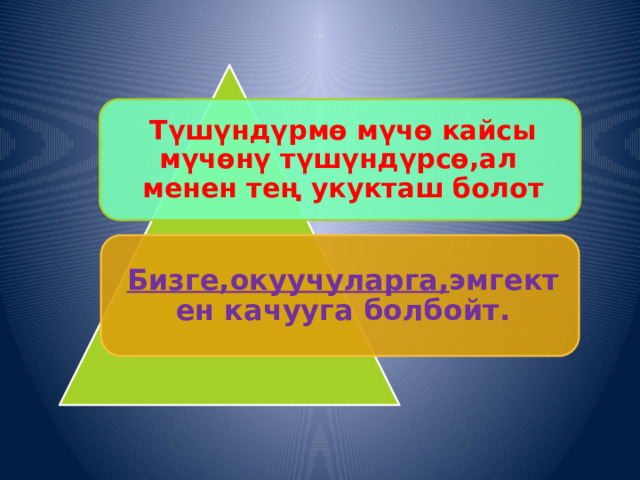 Түшүндүрмө мүчө кайсы мүчөнү түшүндүрсө,ал менен тең укукташ болот Бизге,окуучуларга, эмгектен качууга болбойт. 
