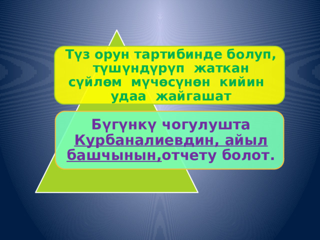 Түз орун тартибинде болуп, түшүндүрүп жаткан сүйлөм мүчөсүнөн кийин удаа жайгашат Бүгүнкү чогулушта Курбаналиевдин, айыл башчынын, отчету болот. 