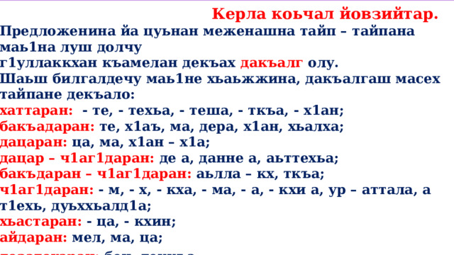  Керла коьчал йовзийтар. Предложенина йа цуьнан меженашна тайп – тайпана маь1на луш долчу г1уллаккхан къамелан декъах дакъалг олу. Шаьш билгалдечу маь1не хьаьжжина, дакъалгаш масех тайпане декъало: хаттаран: - те, - техьа, - теша, - ткъа, - х1ан; бакъадаран: те, х1аъ, ма, дера, х1ан, хьалха; дацаран: ца, ма, х1ан – х1а; дацар – ч1аг1даран: де а, данне а, аьттехьа; бакъдаран – ч1аг1даран: аьлла – кх, ткъа; ч1аг1даран: - м, - х, - кха, - ма, - а, - кхи а, ур – аттала, а т1ехь, дуьххьалд1а; хьастаран: - ца, - кхин; айдаран: мел, ма, ца; дозатохаран: бен, деккъа.  