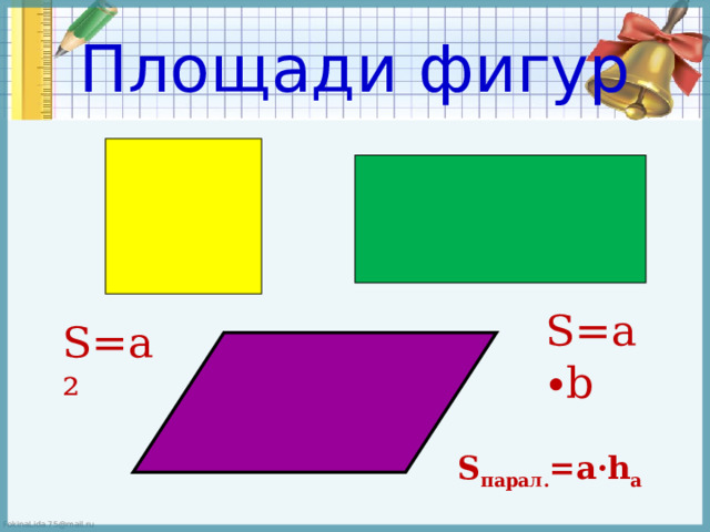 Проверка домашнего задания № 459(в, г) Ответы: в) а=18 (см)  г) h=9 № 460 Решение:  S=a∙h=12 ∙13=156 (см ²) 