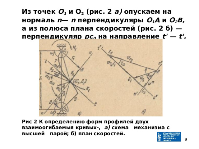  Из точек О 1  и O 2 (рис. 2 а) опускаем на нормаль n — n  пер­пендикуляры О 1 А и О 2 В, а из полюса плана скоростей (рис. 2 б)  — перпендикуляр рс 0  на направление t ' — t '.        Рис 2 К определению форм профилей двух взаимоогибаемыя кривых-, а) схема механизма с высшей парой; б) план скоро­стей.  