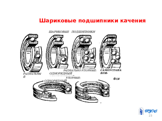  Шариковые подшипники качения  ШАРИКОВЫЕ ПОДШИПНИКИ  РАДИАЛЬНО-УПОРНЫЕ: САМОУСТАНАВЛИ- ОДНОРЯДНЫЙ МНОГОРЯДНЫЙ  ВАЮЩИЙСЯ РАДИАЛЬНЫЙ  УПОРНЫЕ: ОДНОРЯДНЫЙ МНОГОРЯДНЫЙ 22 