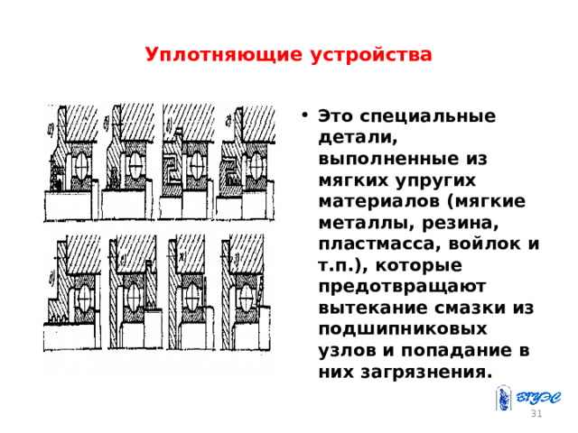 Уплотняющие устройства Это специальные детали, выполненные из мягких упругих материалов (мягкие металлы, резина, пластмасса, войлок и т.п.), которые предотвращают вытекание смазки из подшипниковых узлов и попадание в них загрязнения . 26 