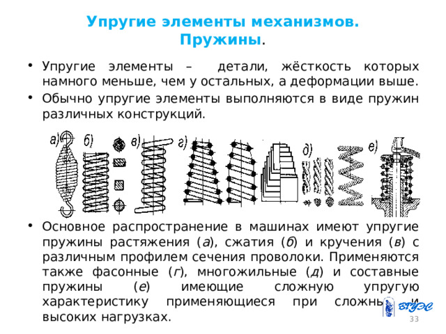 Упругие элементы механизмов.  Пружины . Упругие элементы – детали, жёсткость которых намного меньше, чем у остальных, а деформации выше. Обычно упругие элементы выполняются в виде пружин различных конструкций. Основное распространение в машинах имеют упругие пружины растяжения ( а ), сжатия ( б ) и кручения ( в ) с различным профилем сечения проволоки. Применяются также фасонные ( г ), многожильные ( д ) и составные пружины ( е ) имеющие сложную упругую характеристику применяющиеся при сложных и высоких нагрузках . 26 