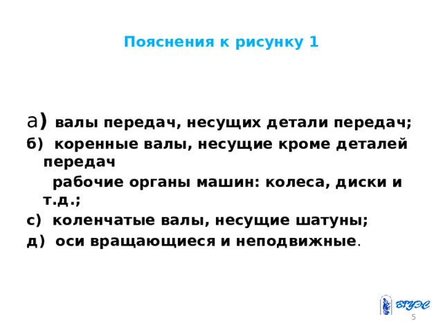 Пояснения к рисунку 1 а ) валы передач, несущих детали передач; б) коренные валы, несущие кроме деталей передач  рабочие органы машин: колеса, диски и т.д.; с) коленчатые валы, несущие шатуны; д) оси вращающиеся и неподвижные .  