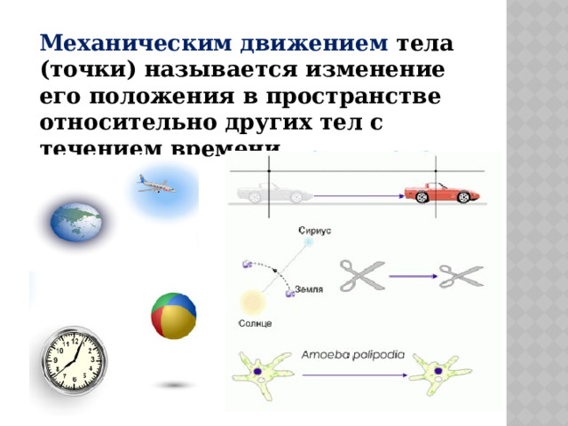 Механическим движением тела (точки) называется изменение его положения в пространстве относительно других тел с течением времени. 