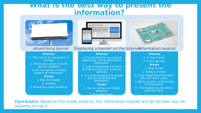 Minuses 1. The cost of its placement is too high. 2. Information about it will be quickly forgotten. Minuses 3. You can publish a limited amount of information. 1. It is intended for any type of advertising, not for educational information. Minuses Pluses 2. Lack of knowledge and skills on how to make such a banner correctly. 1. Fast distribution. 3. It is quite possible that people will not remember this information. 1. It may be torn. Pluses 2. It may get lost. 2. Visibility. Pluses 3. Reaching a large audience. 1. You can set up your target audience. 2. Fast distribution. 1. Easy to use. 2. Always at hand. 3. Notable. 3. If you forget the information, you can read it again. 4. Ability to post a wide variety of information. 5. This booklet can be used in electronic form. What is the best way to present the information? Advertising banner Displaying a banner on the Internet Information booklet Сonclusion: Based on the made analysis, the information booklet will be the best way for students to use it. 
