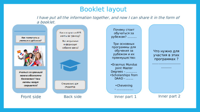  Booklet layout I have put all the information together, and now I can share it in the form of a booklet. Что нужно для участия в этих программах ? ..................................... Почему стоит обучаться за рубежом? .......... Три основных программы для обучения за рубежом и их преимущество: • Erasmus Mundus Joint Master Degrees - ............ • Scholarships from DAAD - ........ • Chevening - .................. Inner part 2 Front side Back side Inner part 1 