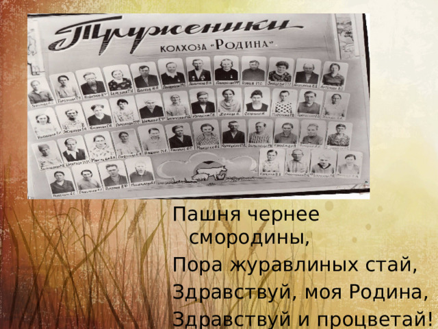 Пашня чернее смородины, Пора журавлиных стай, Здравствуй, моя Родина, Здравствуй и процветай! 