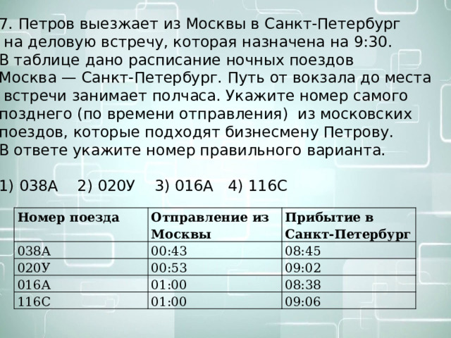 7. Петров выезжает из Москвы в Санкт-Петербург  на деловую встречу, которая назначена на 9:30. В таблице дано расписание ночных поездов Москва — Санкт-Петербург. Путь от вокзала до места  встречи занимает полчаса. Укажите номер самого позднего (по времени отправления) из московских поездов, которые подходят бизнесмену Петрову. В ответе укажите номер правильного варианта. 1) 038А    2) 020У    3) 016А   4) 116С Номер поезда 038А Отправление из Москвы 020У 00:43 Прибытие в Санкт-Петербург 016А 08:45 00:53 116С 01:00 09:02 08:38 01:00 09:06 