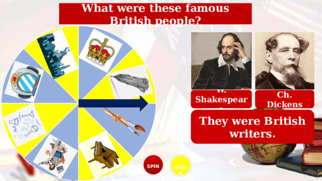 What were these famous British people? W. Shakespeare Ch. Dickens They were British writers. SPIN CHECK 