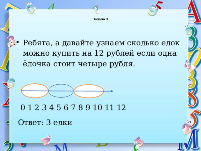  Задача 3   Ребята, а давайте узнаем сколько елок можно купить на 12 рублей если одна ёлочка стоит четыре рубля.  0 1 2 3 4 5 6 7 8 9 10 11 12  Ответ: 3 елки 