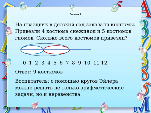 Задача 4   На праздник в детский сад заказали костюмы. Привезли 4 костюма снежинок и 5 костюмов гномов. Сколько всего костюмов привезли?   0 1 2 3 4 5 6 7 8 9 10 11 12 Ответ: 9 костюмов Воспитатель: с помощью кругов Эйлера можно решать не только арифметические задачи, но и неравенства. 