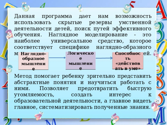 Данная программа дает нам возможность использовать скрытые резервы умственной деятельности детей, поиск путей эффективного обучения. Наглядное моделирование - это наиболее универсальное средство, которое соответствует специфике наглядно-образного мышления детей.     Метод помогает ребенку зрительно представить абстрактные понятия и научиться работать с ними. Позволяет предотвратить быструю утомляемость, создать интерес к образовательной деятельности, а главное видеть главное, систематизировать полученные знания. Логическое мышление Наглядно-образное мышление Способность «действовать в уме» 