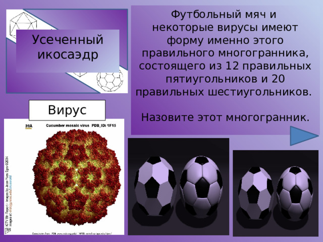 Футбольный мяч и некоторые вирусы имеют форму именно этого правильного многогранника, состоящего из 12 правильных пятиугольников и 20 правильных шестиугольников. Назовите этот многогранник. Усеченный икосаэдр Вирус 