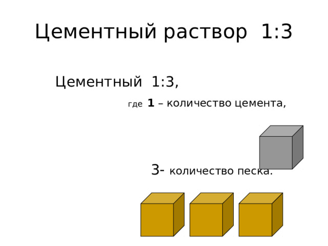 Цементный раствор 1:3  Цементный 1:3,  где  1 – количество цемента,  3- количество песка. 