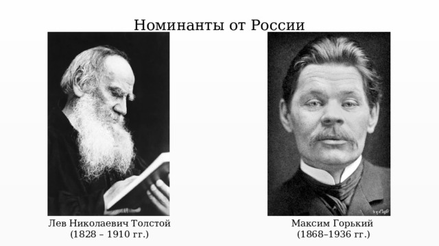 Номинанты от России Лев Николаевич Толстой Максим Горький (1828 – 1910 гг.) (1868–1936 гг.) 