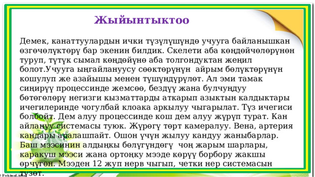 Жыйынтыктоо Демек, канаттуулардын ички түзүлүшүндө учууга байланышкан өзгөчөлүктөрү бар экенин билдик. Скелети аба көңдөйчөлөрүнөн туруп, түтүк сымал көңдөйүнө аба толгондуктан жеңил болот.Учууга ыңгайлануусу сөөктөрүнүн айрым бөлүктөрүнүн кошулуп же азайышы менен түшүндүрүлөт. Ал эми тамак сиңирүү процессинде жемсөө, бездүү жана булчуңдуу бөтөгөлөрү негизги кызматтарды аткарып азыктын калдыктары ичегилеринде чогулбай клоака аркылуу чыгарылат. Түз ичегиси болбойт. Дем алуу процессинде кош дем алуу жүрүп турат. Кан айлануу системасы туюк. Жүрөгү төрт камералуу. Вена, артерия кандары аралашпайт. Ошон үчүн жылуу кандуу жаныбарлар. Баш мээсинин алдыңкы бөлүгүндөгү чоң жарым шарлары, каракуш мээси жана ортоңку мээде көрүү борбору жакшы өрчүгөн. Мээден 12 жуп нерв чыгып, четки нер системасын түзөт. 