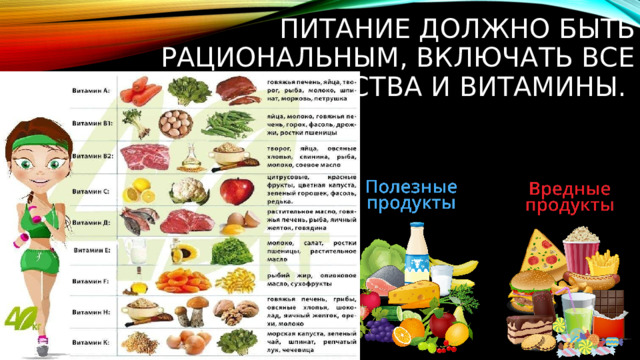 Питание должно быть рациональным, включать все полезные вещества и витамины.   