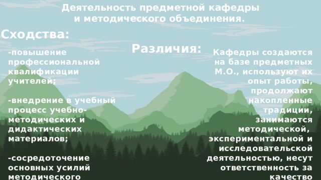 Деятельность предметной кафедры  и методического объединения.  Сходства: Различия: -повышение профессиональной квалификации учителей; Кафедры создаются на базе предметных М.О., используют их опыт работы, продолжают накопленные традиции, занимаются методической, экспериментальной и исследовательской деятельностью, несут ответственность за качество образования, соответствующее статусу.  -внедрение в учебный процесс учебно-методических и дидактических материалов;  -сосредоточение основных усилий методического объединения на создании научной базы знаний у учащихся выпускных классов. 