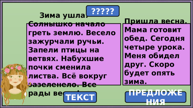 ?????    Зима ушла. Солнышко начало греть землю. Весело зажурчали ручьи. Запели птицы на ветвях. Набухшие почки сменила листва. Всё вокруг зазеленело. Все рады весне!    Пришла весна. Мама готовит обед. Сегодня четыре урока. Меня обидел друг. Скоро будет опять зима.    ТЕКСТ ПРЕДЛОЖЕНИЯ 
