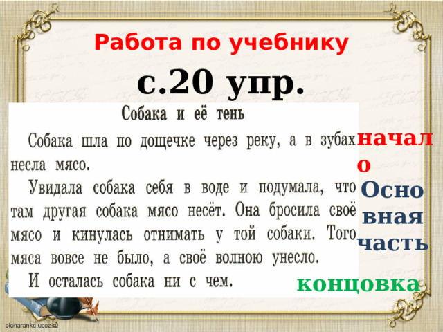 Работа по учебнику с.20 упр. 18 начало Основная часть концовка 