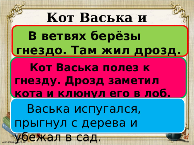 Кот Васька и дрозд  В ветвях берёзы гнездо. Там жил дрозд.  Кот Васька полез к гнезду. Дрозд заметил кота и клюнул его в лоб.  Васька испугался, прыгнул с дерева и убежал в сад. 