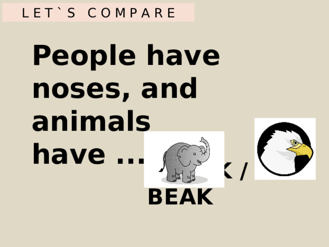 L E T ` S C O M P A R E People have noses, and animals have ... TRUNK / BEAK 