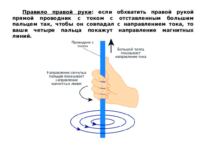 Магнитные линии прямого проводника с током направлены