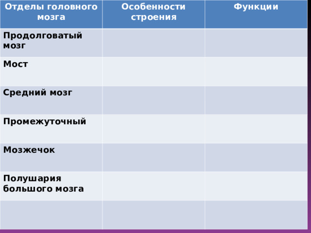 Отделы головного мозга Особенности строения Продолговатый мозг Функции Мост Средний мозг Промежуточный Мозжечок Полушария большого мозга 