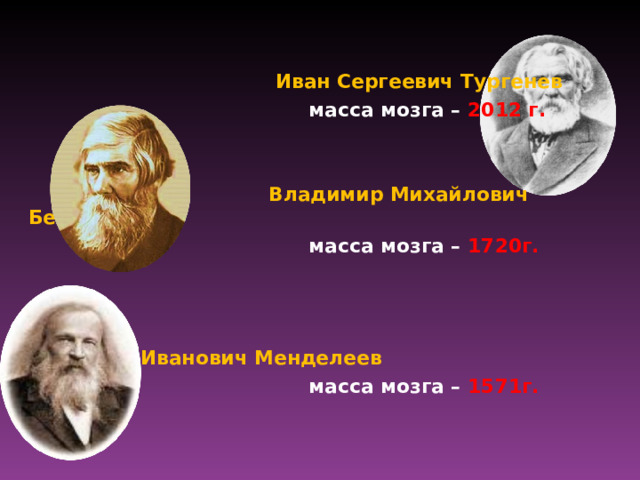  Иван Сергеевич Тургенев  масса мозга – 2012 г.  Владимир Михайлович Бехтерев  масса мозга – 1720г.      Дмитрий Иванович Менделеев  масса мозга – 1571г. 