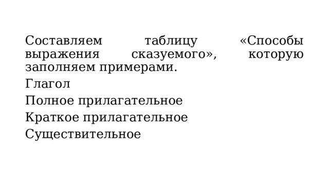 Составляем таблицу «Способы выражения сказуемого», которую заполняем примерами. Глагол Полное прилагательное Краткое прилагательное Существительное 