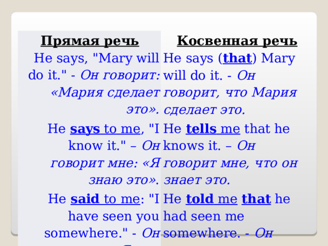 Прямая речь Косвенная речь He says , 