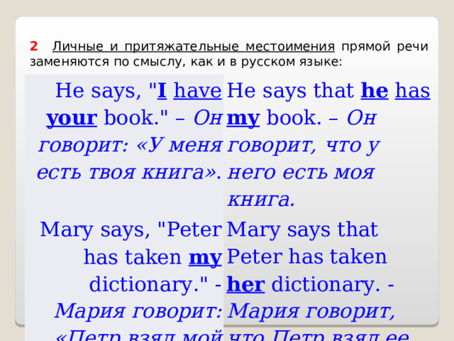 2     Личные и притяжательные местоимения прямой речи заменяются по смыслу, как и в русском языке: He says , 