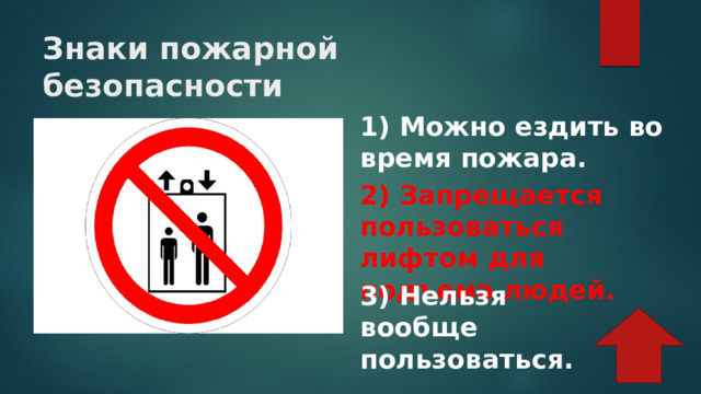 Знаки пожарной безопасности 1) Можно ездить во время пожара. 2) Запрещается пользоваться лифтом для подъема людей. 3) Нельзя вообще пользоваться. 