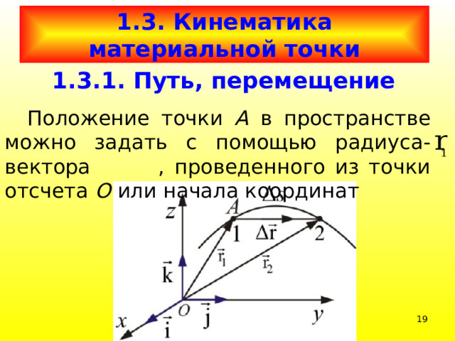 1.3.  Кинематика материальной точки 1.3.1. Путь, перемещение  Положение точки А в пространстве можно задать с помощью радиуса-вектора , проведенного из точки отсчета О или начала координат  