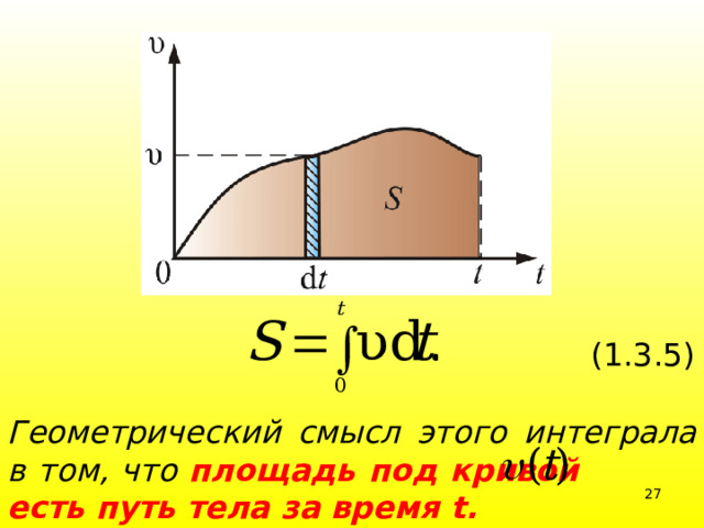 (1.3.5) Геометрический смысл этого интеграла в том, что площадь под кривой есть путь тела за время t.  