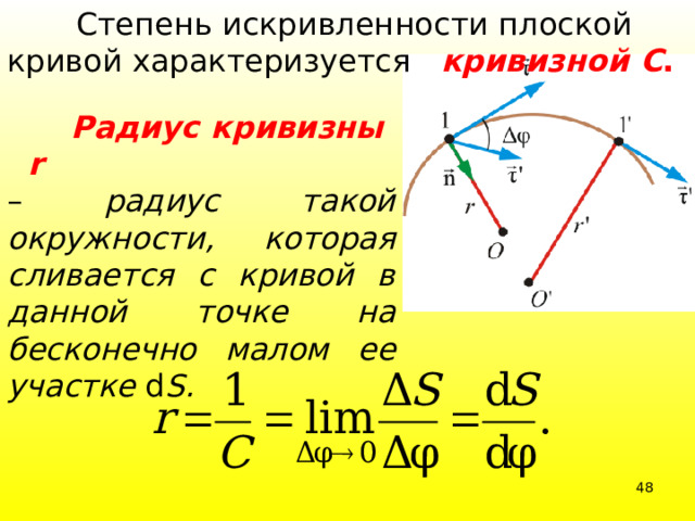  Степень искривленности плоской кривой характеризуется кривизной  С .  Радиус кривизны r  – радиус такой окружности, которая сливается с кривой в данной точке на бесконечно малом ее участке d S. 39 