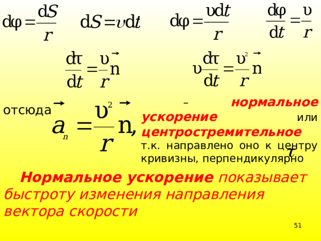 – нормальное ускорение  или  центростремительное  т.к. направлено оно к центру кривизны, перпендикулярно отсюда   Нормальное ускорение показывает быстроту изменения направления вектора скорости 39 