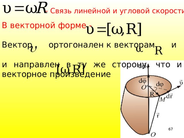 В векторной форме -  Вектор ортогонален к векторам и и направлен в ту же сторону, что и векторное произведение    - Связь линейной и угловой скорости 39 